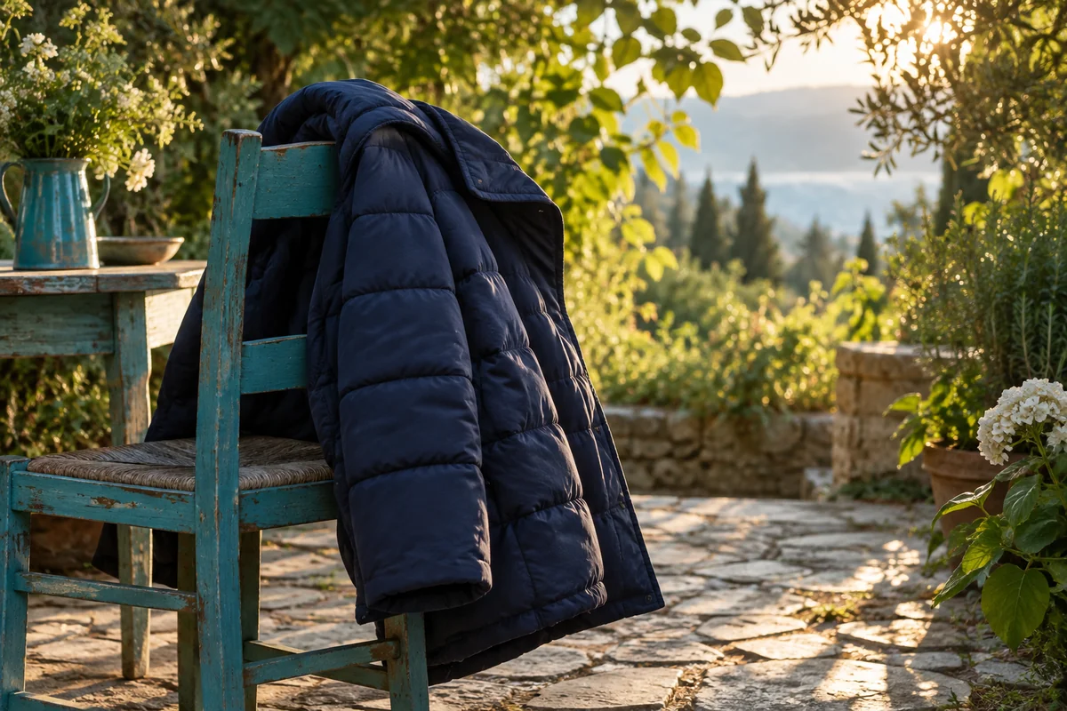 Тяжёлая зимняя куртка оставлена на стуле в тёплом солнечном саду.
